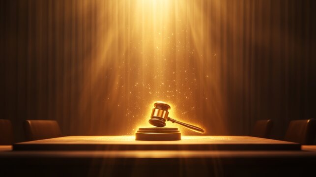 47.A metaphorical illustration of a glowing gavel made of light, symbolizing the purity of truth and justice, floating above a courtroom desk, evoking themes of honesty, integrity, and righteousness.