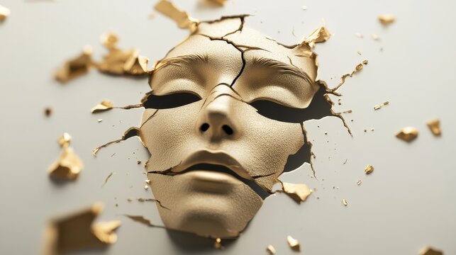 72.A powerful concept art of a cracked mask falling off a face, revealing a genuine expression underneath, representing the importance of truthfulness on Tell The Truth Day.