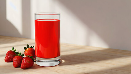 Fresh Strawberry Juice in Tall Glass with Whole Strawberries on Wooden Table