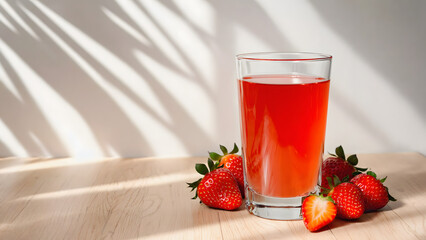 Refreshing Strawberry Juice in Glass with Fresh Berries and Leaf Shadows