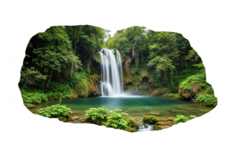 Serene waterfall cascading through lush green forest landscape transparent background
