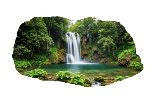 Serene waterfall cascading through lush green forest landscape transparent background