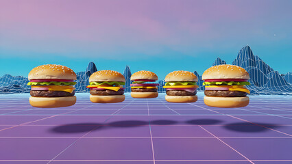 Five Delicious Cheeseburgers Floating in a Retro-futuristic Digital Landscape