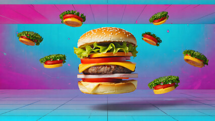 Giant Burger Floating Surrounded by Mini Burgers Against Vibrant Neon Grid Background
