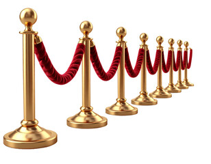 Golden Stanchions with Red Velvet Rope, Frontal View, VIP Barrier PNG