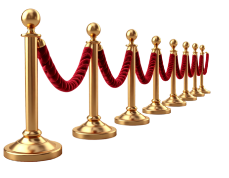 Golden Stanchions with Red Velvet Rope, Frontal View, VIP Barrier PNG