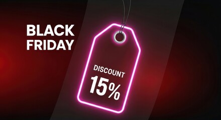 Black friday discount promotion with neon price tag on dark background