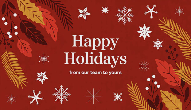 Happy Holidays greeting card with red background, winter leaves, snowflakes and festive design - Powered by Adobe