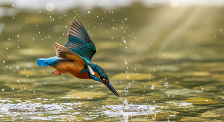 Moment of the Catch: Colorful Kingfisher Diving into Water