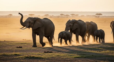 Golden Migration: Elephant Family Walking at Sunset in Dust