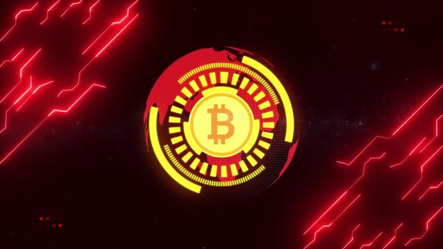 Futuristic Bitcoin digital coin animation in outer space. Globing cryptocurrency symbol with red tech circuit and cosmic background.