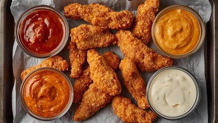 Top view of neatly arranged chicken tenders on a tray with dipping sauces like BBQ, spicy mayo, and ranch. Focus on the crispy texture of the tenders and vibrant sauces. High-quality, realistic image.