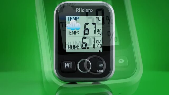 Close-up of a compact, silver and black electronic device with display and ports on green surface