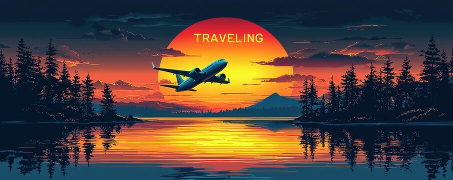 Vintage travel poster with sunset and airplane silhouette