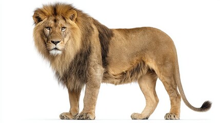 Obraz premium Majestic Lion Standing Proudly Isolated on White Background