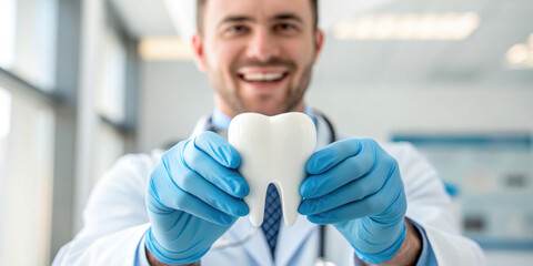 Smiling male dentist wearing blue gloves holding large white tooth model in bright dental clinic with natural light