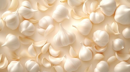 64.A high-resolution close-up of a bunch of fresh garlic bulbs with their papery skins slightly peeled back, revealing the natural textures and patterns of the garlic, highlighting the organic and