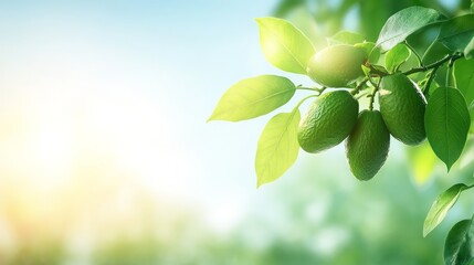50.A captivating shot of a cluster of ripe Hass avocados growing on a tree branch in a sunny garden, with clear blue skies and lush greenery in the background, symbolizing the beauty of organic