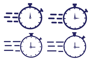 Fast response time clock vector symbol. quick, rush or faster work service Vector work time effect or delivery service time icon. Fast stopwatch icon with motion lines, representing speed,
