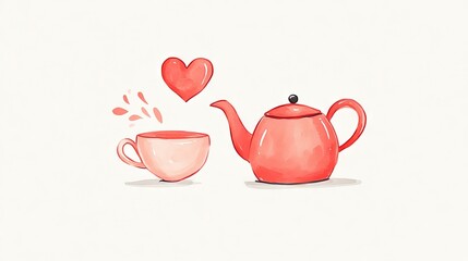 Fototapeta premium 77.A cute and whimsical illustration of a bright red teapot with intricate details, paired with a delicate heart-shaped teacup, all set on a soft, neutral background, perfect for tea lovers or