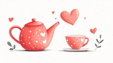 77.A cute and whimsical illustration of a bright red teapot with intricate details, paired with a delicate heart-shaped teacup, all set on a soft, neutral background, perfect for tea lovers or