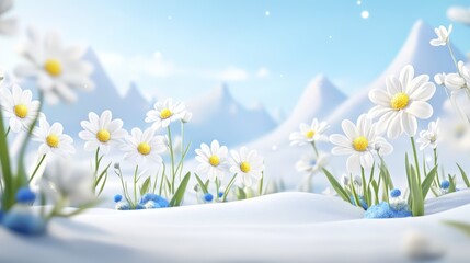 41.A crisp, close-up shot of white daisies with bright yellow centers, set against a smooth blue background, capturing the pure essence of nature and simplicity in a vibrant yet calming manner. © pariimage