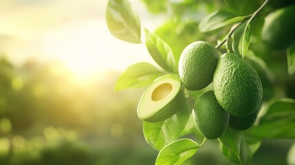45.Bunch of Fresh Avocados Ripening on an Avocado Tree Branch in Sunny Garden