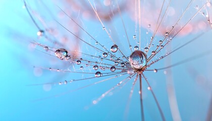Naklejka premium Macro photograph of water droplets clinging to a dandelion seed with a soft blue background