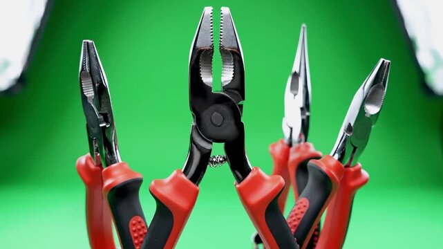 Close-up of pliers tools, red and black handles, chrome finish, on green backdrop, shallow focus