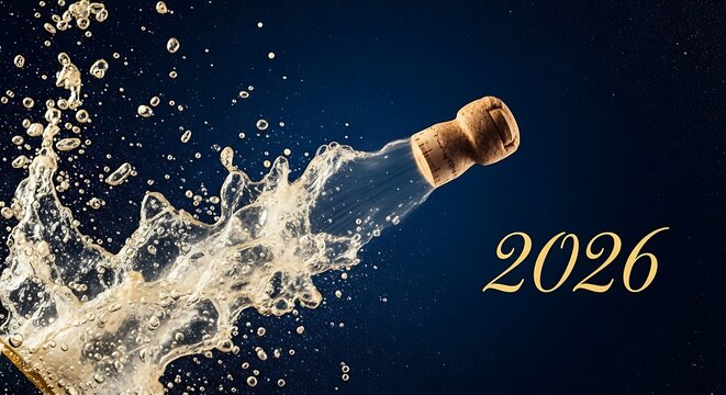 Champagne cork popping with 2026 year celebration splash bubbles