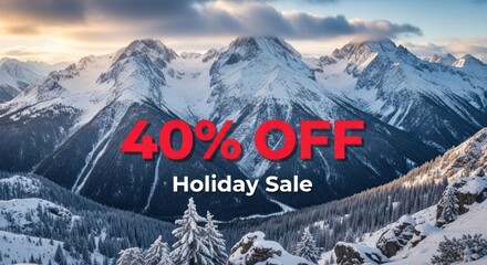 Holiday sale banner with snowy mountain background for advertising campaign
