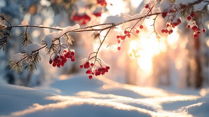 雪と赤い実のクローズアップ、冬の木漏れ日