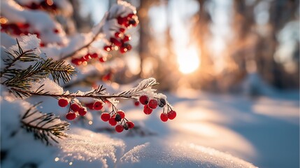 冬の朝日、雪化粧した赤い実と輝く雪原