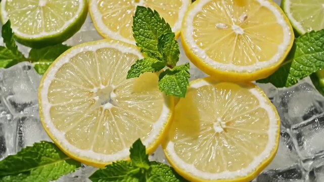 Refreshing Citrus Slices with Mint and Ice Cubes Close Up.
