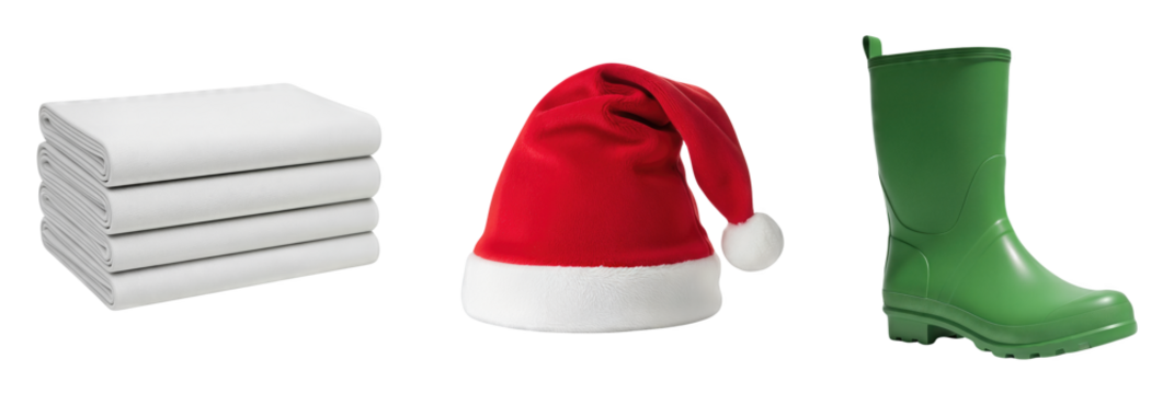 Stack of White Linens Next to Red Santa Hat and Green Rubber Rain Boot Isolated on transparent background Concept for Holiday Bedding Cleaning Supplies and