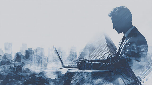 Double exposure of businessman using laptop with city skyline - Powered by Adobe
