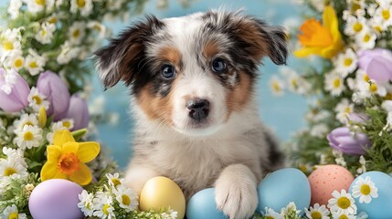 Playful puppy surrounded by spring decorations pastel eggs flowers ribbons and confetti cheerful pet portrait for greeting cards posters social media and seasonal designs on studio background