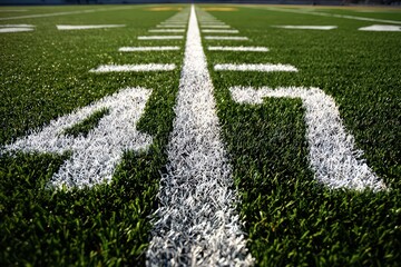Close Up View Of Green Artificial Turf And White Yard Lines During The Day