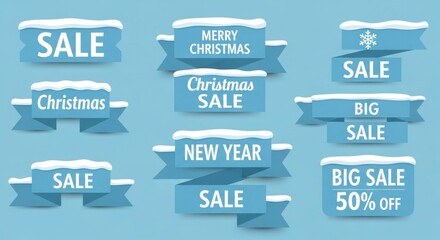Set of blue christmas sale banners with snow caps isolated on blue background