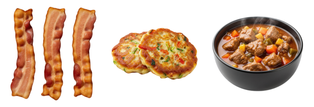 Three separate breakfast and dinner food items Crispy fried bacon strips Savory vegetable pancakes or fritters and Steaming hot beef stew with carrots and