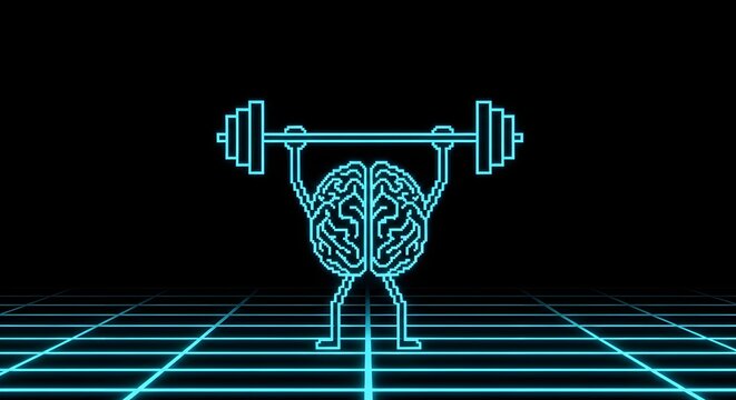 Neon pixel art brain lifting a barbell over a dark blue grid floor. Mental strength and artificial intelligence training. Digital blue glowing brain character exercising with a heavy weight 