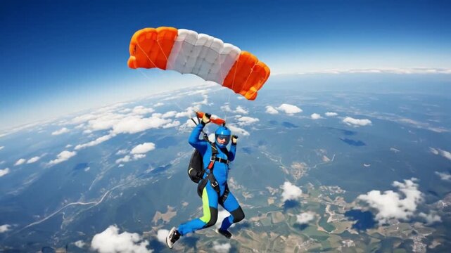 A brave skydiver in a vibrant blue suit gracefully descends with an open orange parachute against a vast, clear blue sky, embracing the thrill of an extreme sport