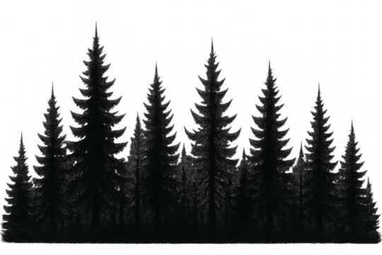 Forest landscape silhouette featuring a row of dark evergreen pine trees, nature concept, transparent background for design