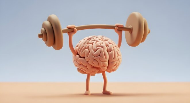 Cartoon brain character lifting a heavy barbell in a minimal, bright setting. Mental strength and intelligence training. Funny brain mascot with arms and legs exercising with a beige background