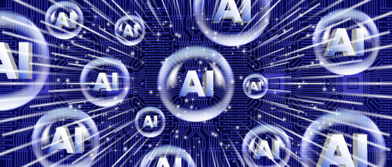 Vector wide tech banner. 3d AI abbreviation. Artificial intelligence and transparent bubbles. Computer chip, rays and sparks. Technological automatic machine learning