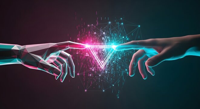 Connecting hands of human and robot, symbolizing cooperation and interaction. Concept of AI, digital interface, and future technology partnership. Hands touching across a glowing data connection