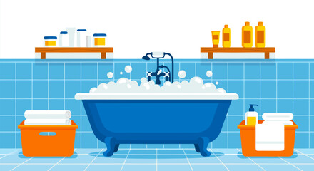 Cozy Blue Bathtub Scene Illustration with Towels and Bath Products