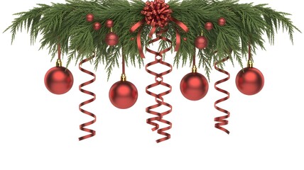 Festive Christmas decoration with red ornaments and pine branches holiday design element isolated on white background