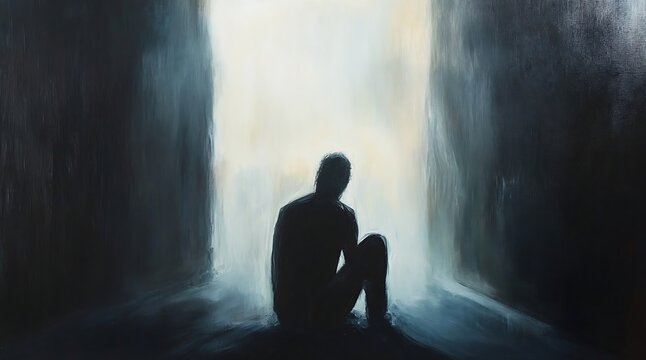 Striking painting of a lonely figure seeking solace in shadow, artistic expression of isolation