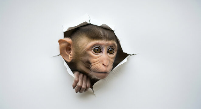 A curious monkey looks through a hole in a white paper
